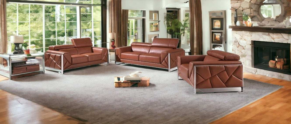Three Piece Indoor Camel Italian Leather Six Person Seating Set - Homeroots - Flyclothing LLC