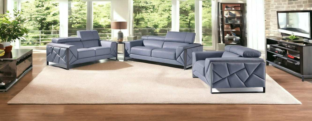 Three Piece Indoor Light Blue Italian Leather Six Person Seating Set - Homeroots - Flyclothing LLC