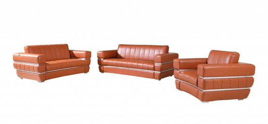 Three Piece Indoor Camel Italian Leather Six Person Seating Set - Homeroots - Flyclothing LLC