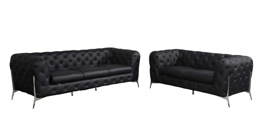Two Piece Indoor Black Italian Leather Five Person Seating Set - Homeroots - Flyclothing LLC