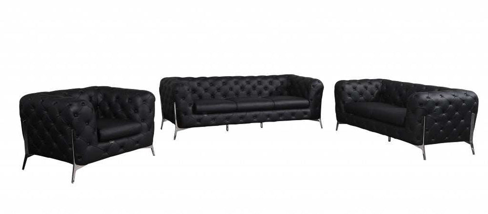 Three Piece Indoor Black Italian Leather Six Person Seating Set - Homeroots - Flyclothing LLC
