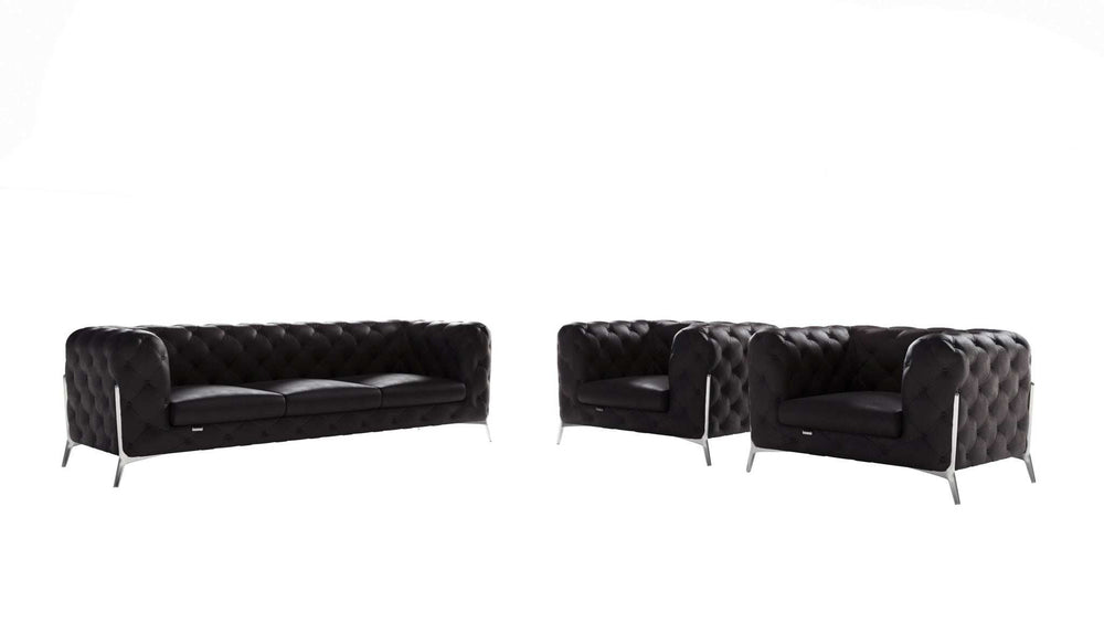 Three Piece Indoor Black Italian Leather Five Person Seating Set - Homeroots - Flyclothing LLC