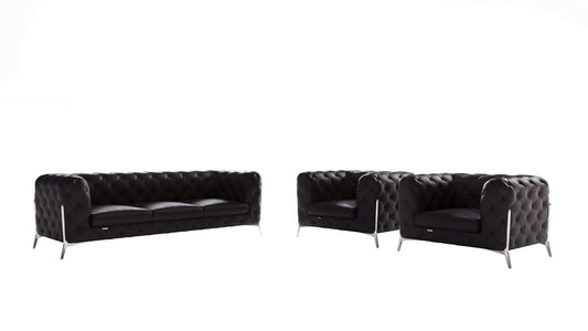 Three Piece Indoor Black Italian Leather Five Person Seating Set - Homeroots - Flyclothing LLC