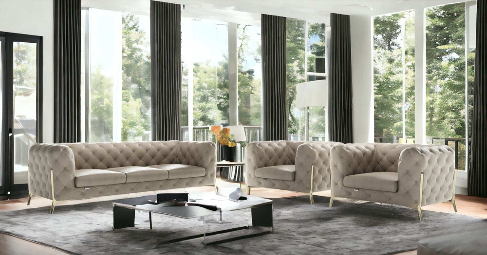 Three Piece Indoor Beige Italian Leather Five Person Seating Set - Homeroots - Flyclothing LLC