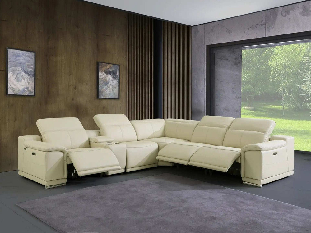 Beige Italian Leather Power Reclining U Shaped Six Piece Corner Sectional With Console - Homeroots - Flyclothing LLC