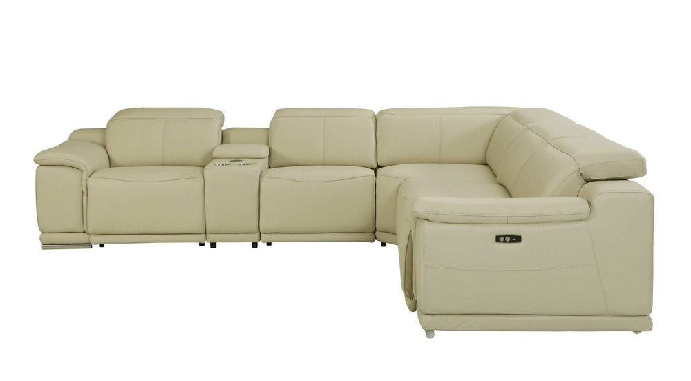 Beige Italian Leather Power Reclining U Shaped Six Piece Corner Sectional With Console - Homeroots - Flyclothing LLC