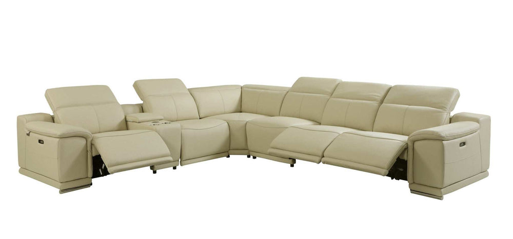 Beige Italian Leather Power Reclining U Shaped Seven Piece Corner Sectional With Console - Homeroots - Flyclothing LLC