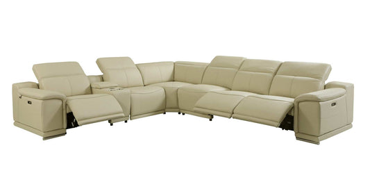 Beige Italian Leather Power Reclining U Shaped Seven Piece Corner Sectional With Console - Homeroots - Flyclothing LLC