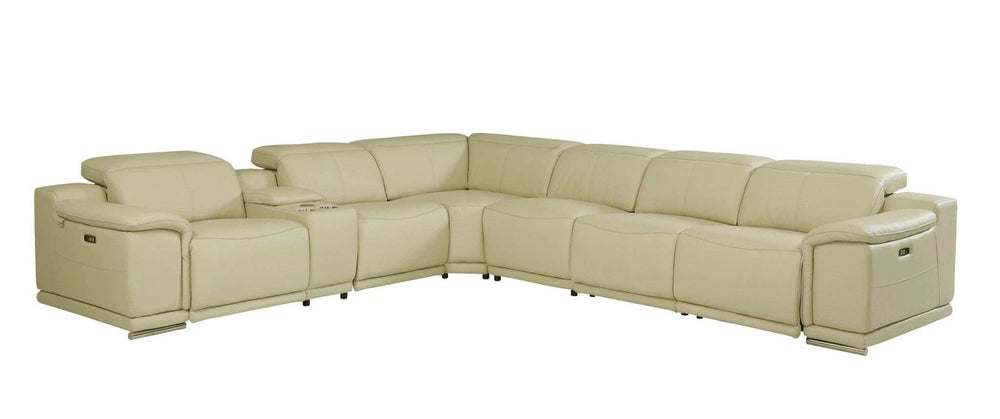 Beige Italian Leather Power Reclining U Shaped Seven Piece Corner Sectional With Console - Homeroots - Flyclothing LLC