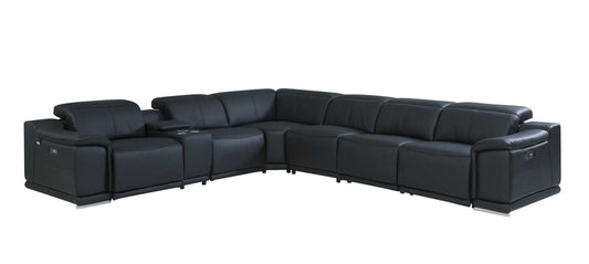 Black Italian Leather Power Reclining U Shaped Seven Piece Corner Sectional With Console - Homeroots - Flyclothing LLC