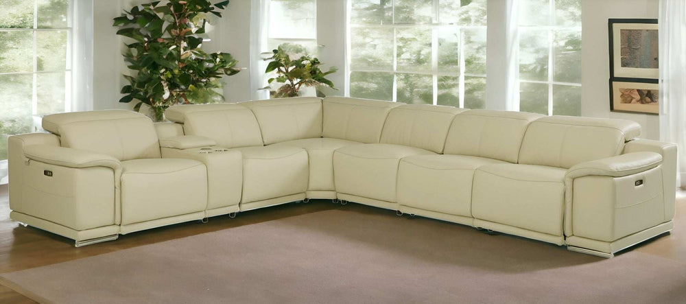 Beige Italian Leather Power Reclining U Shaped Seven Piece Corner Sectional With Console - Homeroots - Flyclothing LLC