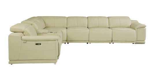 Beige Italian Leather Power Reclining U Shaped Seven Piece Corner Sectional With Console - Homeroots - Flyclothing LLC