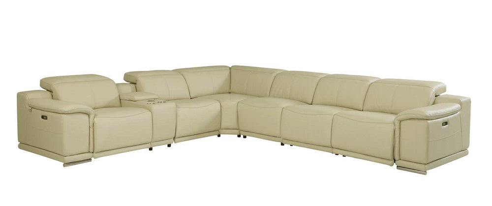 Beige Italian Leather Power Reclining U Shaped Seven Piece Corner Sectional With Console - Homeroots - Flyclothing LLC
