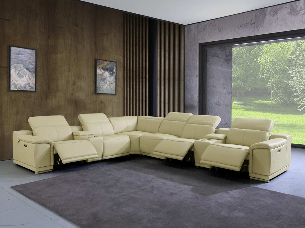 Beige Italian Leather Power Reclining U Shaped Eight Piece Corner Sectional With Console - Homeroots - Flyclothing LLC