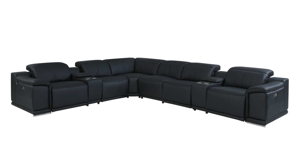 Black Italian Leather Power Reclining U Shaped Eight Piece Corner Sectional With Console - Homeroots - Flyclothing LLC