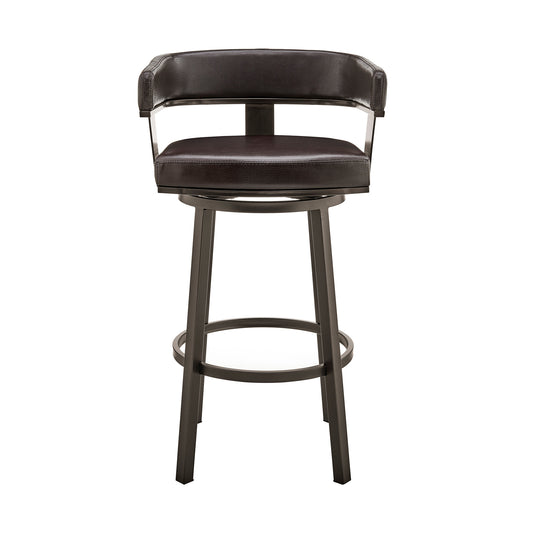 26" Chocolate And Gray Faux Leather And Iron Swivel Low Back Counter Height Bar Chair - Homeroots