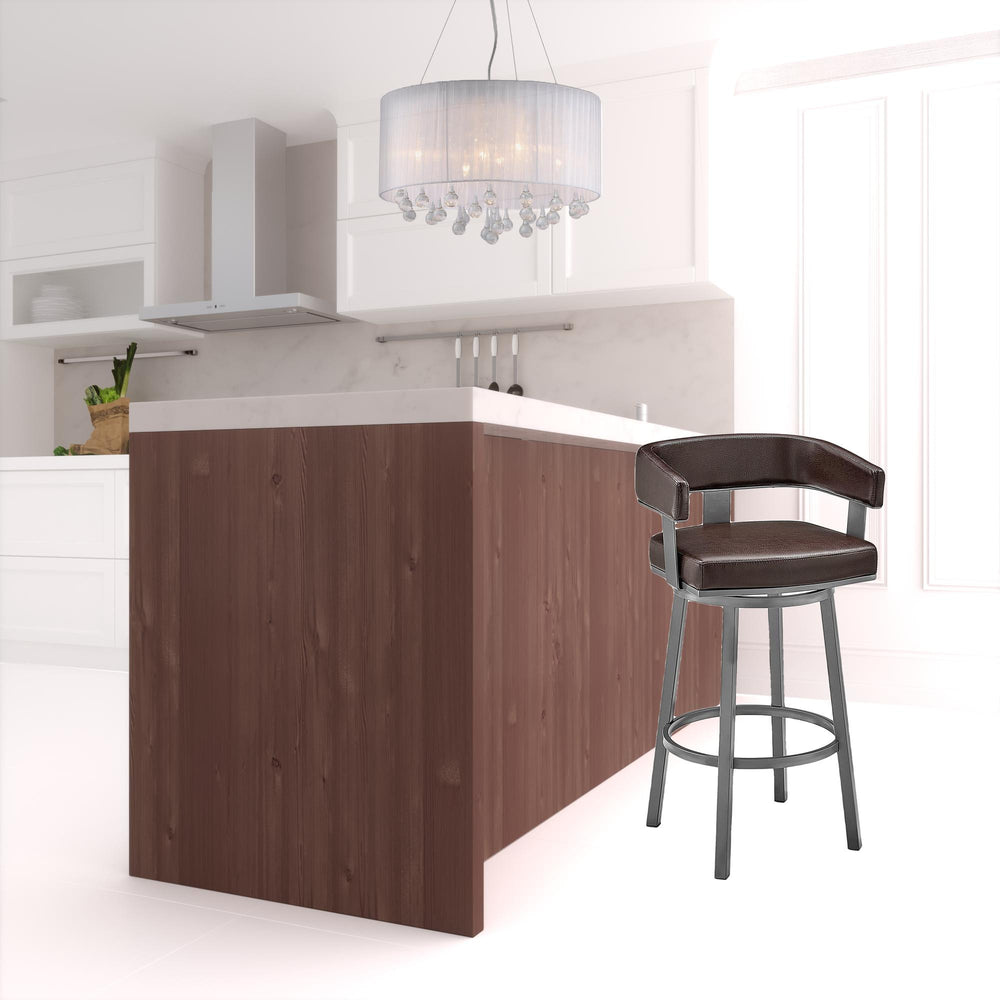 30" Chocolate And Gray Faux Leather And Iron Swivel Low Back Bar Height Bar Chair - Homeroots - Flyclothing LLC