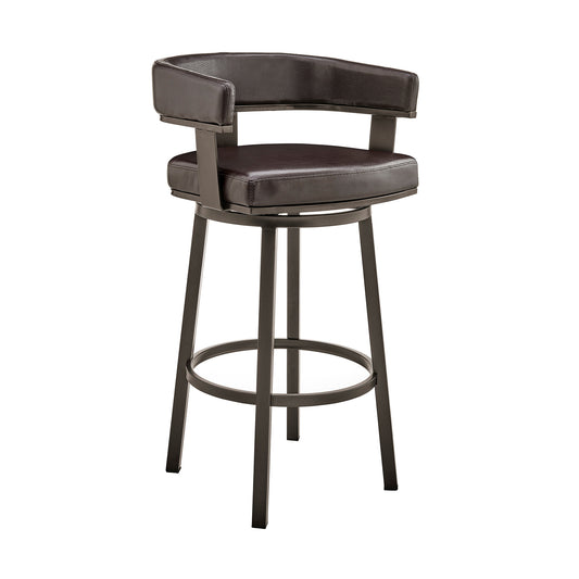 30" Chocolate And Gray Faux Leather And Iron Swivel Low Back Bar Height Bar Chair - Homeroots