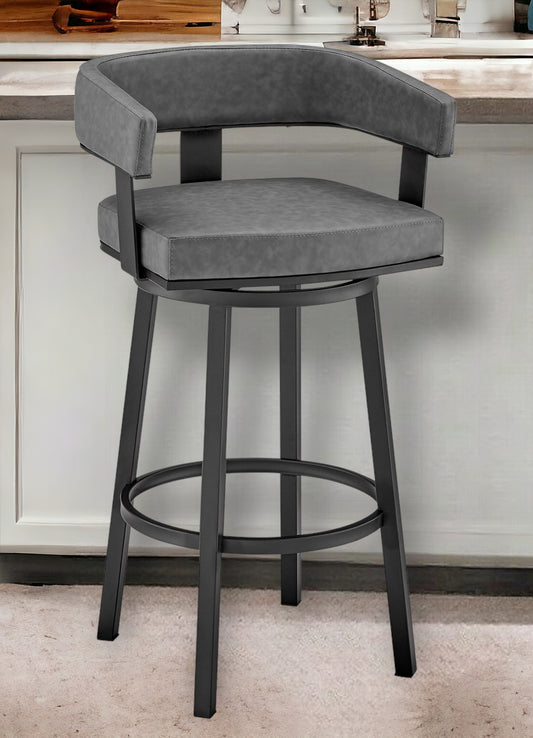 26" Gray And Black Faux Leather And Iron Swivel Low Back Counter Height Bar Chair - Homeroots