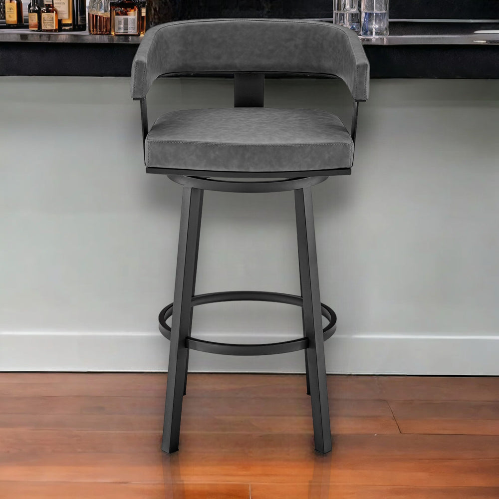 30" Gray And Black Faux Leather And Iron Swivel Low Back Bar Height Bar Chair - Homeroots - Flyclothing LLC