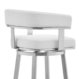 26" White And Silver Faux Leather And Stainless Steel Low Back Counter Height Swivel Bar Chair - Homeroots