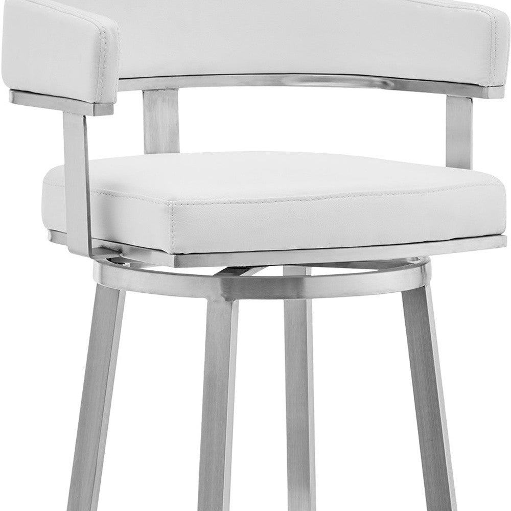 26" White And Silver Faux Leather And Stainless Steel Low Back Counter Height Swivel Bar Chair - Homeroots