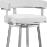26" White And Silver Faux Leather And Stainless Steel Low Back Counter Height Swivel Bar Chair - Homeroots