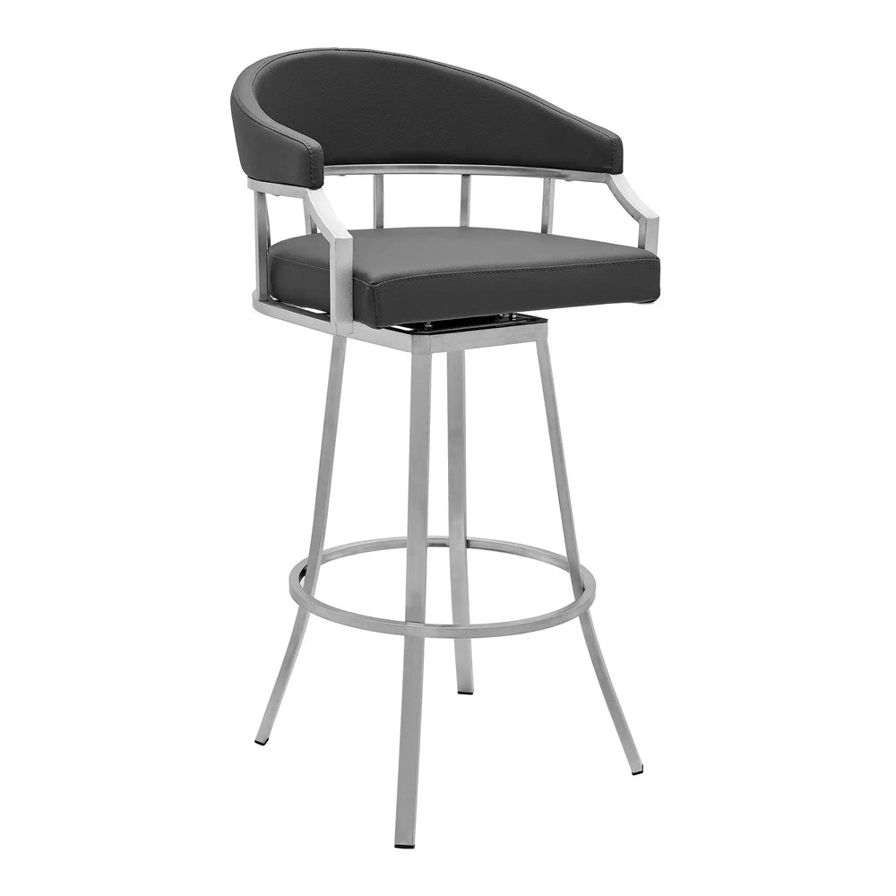 30" Gray And Silver Faux Leather And Iron Swivel Low Back Bar Height Bar Chair - Homeroots - Flyclothing LLC