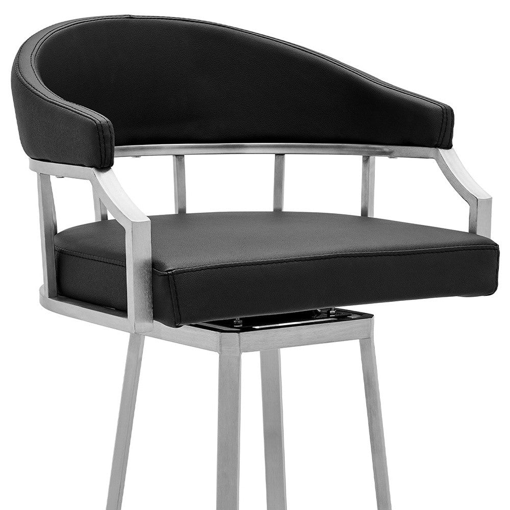 26" Black And Silver Faux Leather And Iron Swivel Low Back Counter Height Bar Chair - Homeroots - Flyclothing LLC