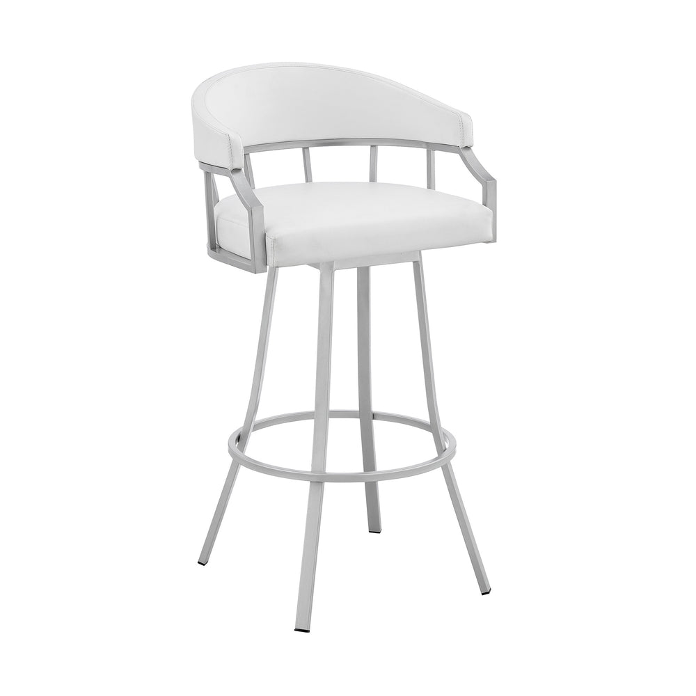 30" White And Silver Faux Leather And Iron Swivel Low Back Bar Height Bar Chair - Homeroots - Flyclothing LLC