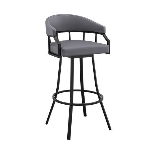 30" Slate Gray And Black Faux Leather And Iron Swivel Low Back Bar Height Bar Chair - Homeroots