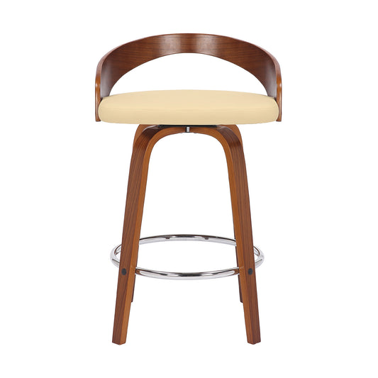 26" Cream And Brown Faux Leather And Solid Wood Swivel Low Back Counter Height Bar Chair