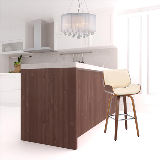 26" Cream And Brown Faux Leather And Solid Wood Swivel Counter Height Bar Chair - Homeroots