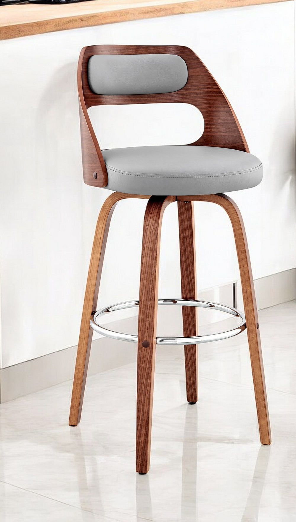 30" Gray And Brown Faux Leather Swivel Bar Height Bar Chair - Homeroots - Flyclothing LLC