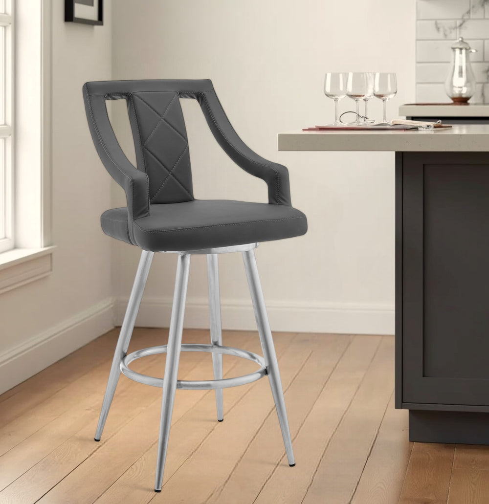 25" Gray And Silver Faux Leather And Iron Swivel Counter Height Bar Chair - Homeroots - Flyclothing LLC