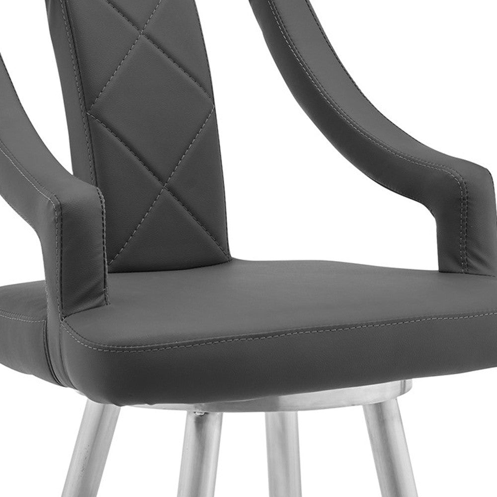 25" Gray And Silver Faux Leather And Iron Swivel Counter Height Bar Chair - Homeroots - Flyclothing LLC