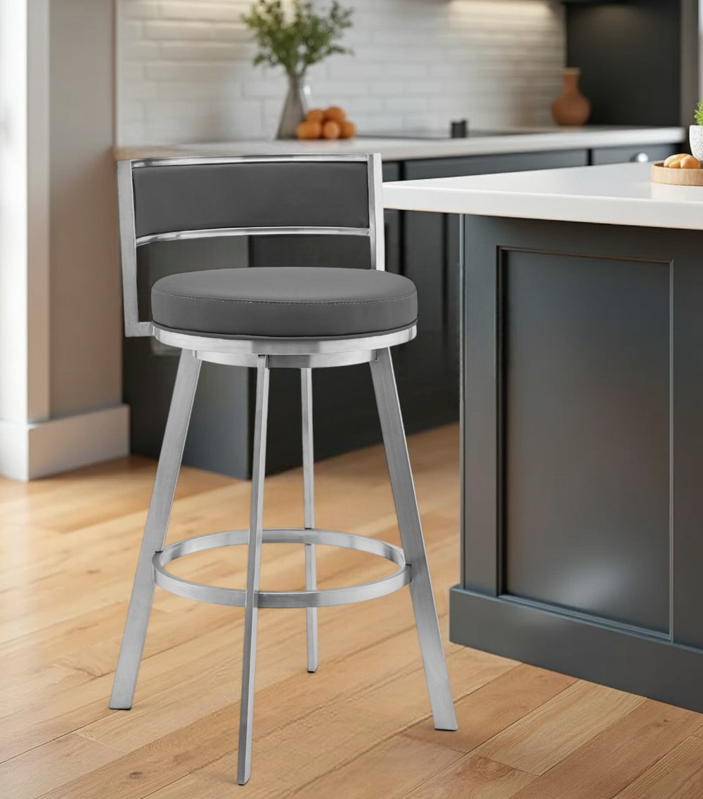 26" Gray And Silver Faux Leather And Iron Swivel Low Back Counter Height Bar Chair - Homeroots - Flyclothing LLC