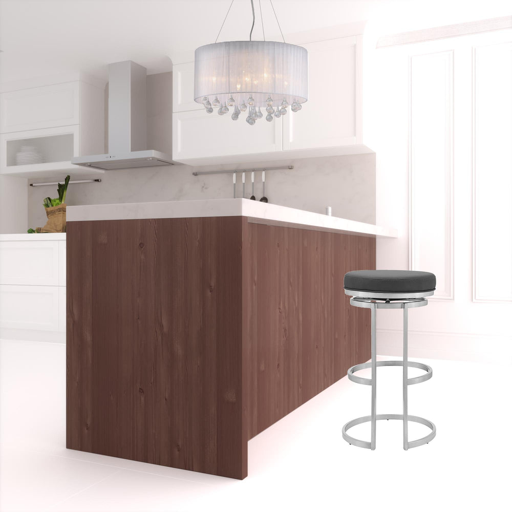 30" Gray And Silver Faux Leather And Iron Swivel Backless Bar Height Bar Chair - Homeroots - Flyclothing LLC