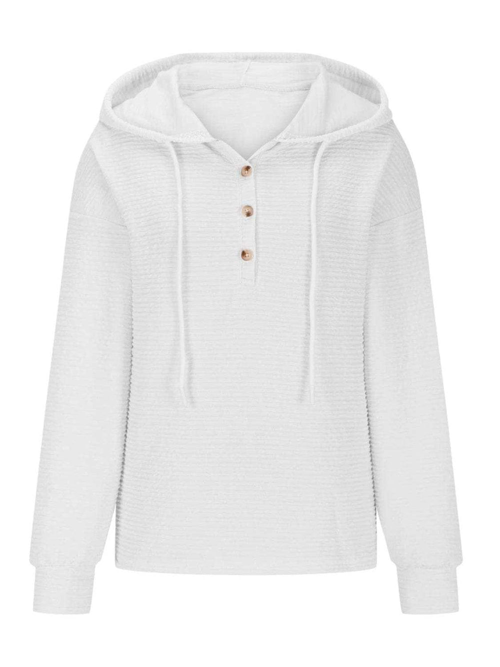 Drawstring Quarter Button Long Sleeve Hoodie - Trendsi - Flyclothing LLC