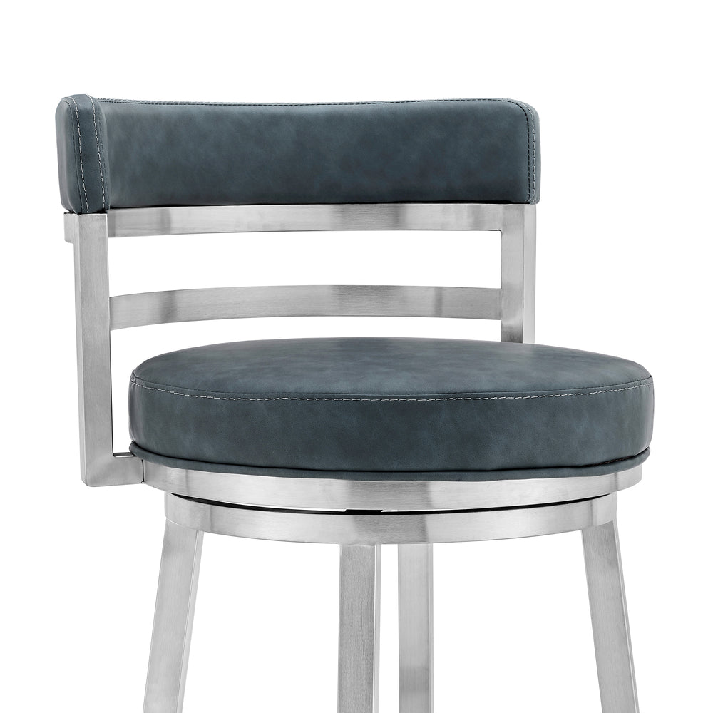 26" Blue And Silver Faux Leather And Stainless Steel Swivel Low Back Counter Height Bar Chair - Homeroots