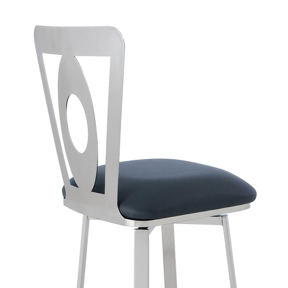 30" Gray And Silver Faux Leather And Iron Swivel Bar Height Bar Chair - Homeroots