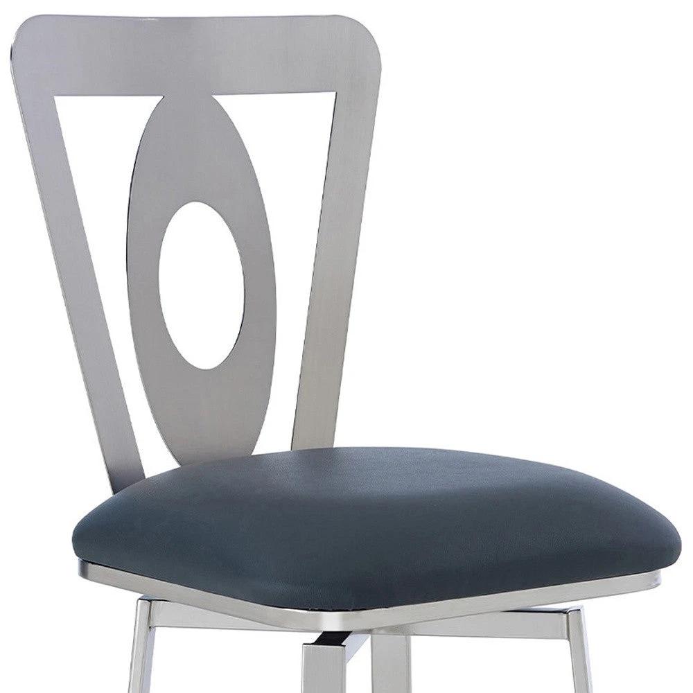 30" Gray And Silver Faux Leather And Iron Swivel Bar Height Bar Chair - Homeroots