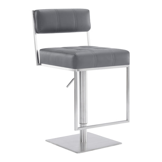 25" Gray And Silver Faux Leather And Iron Swivel Low Back Adjustable Height Bar Chair - Homeroots