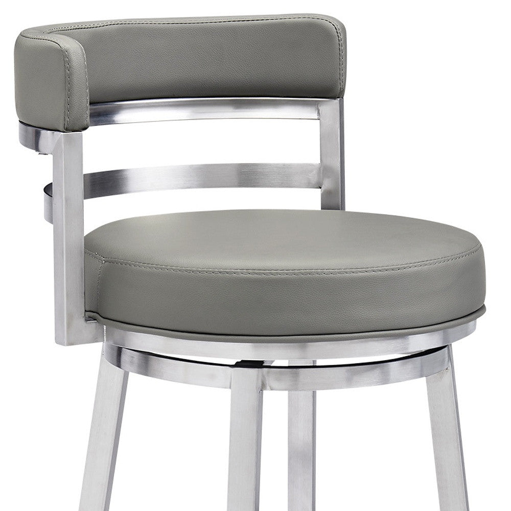 30" Gray And Silver Faux Leather And Iron Swivel Low Back Bar Height Bar Chair - Homeroots - Flyclothing LLC