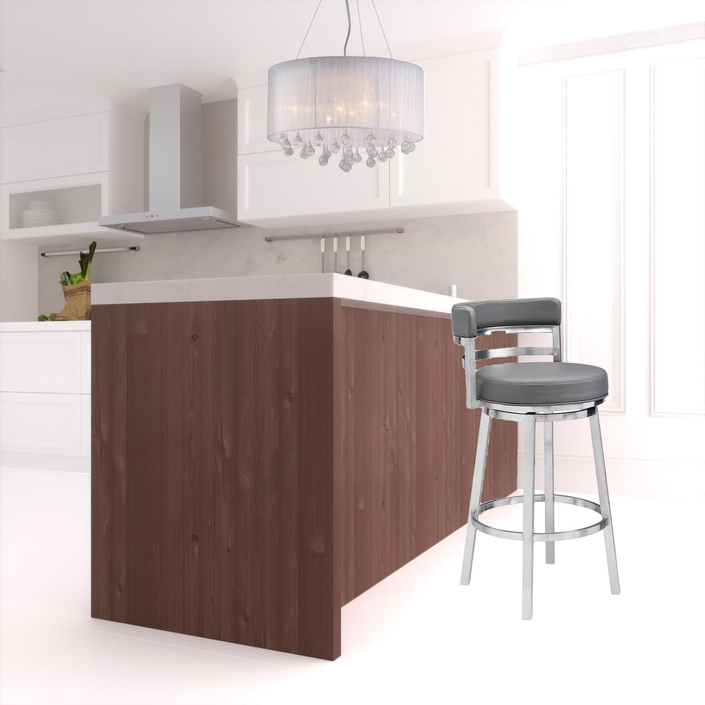 30" Gray And Silver Faux Leather And Iron Swivel Low Back Bar Height Bar Chair - Homeroots - Flyclothing LLC