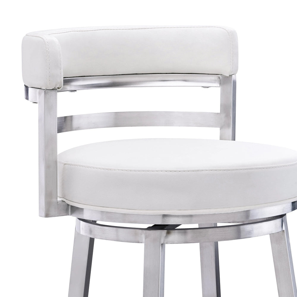 30" White And Silver Faux Leather And Iron Swivel Low Back Bar Height Bar Chair - Homeroots - Flyclothing LLC