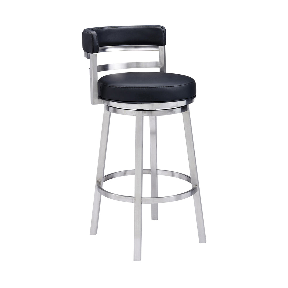 30" Black And Silver Faux Leather And Iron Swivel Low Back Bar Height Bar Chair - Homeroots - Flyclothing LLC