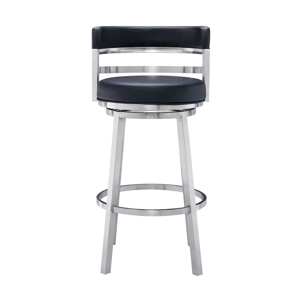 30" Black And Silver Faux Leather And Iron Swivel Low Back Bar Height Bar Chair - Homeroots - Flyclothing LLC