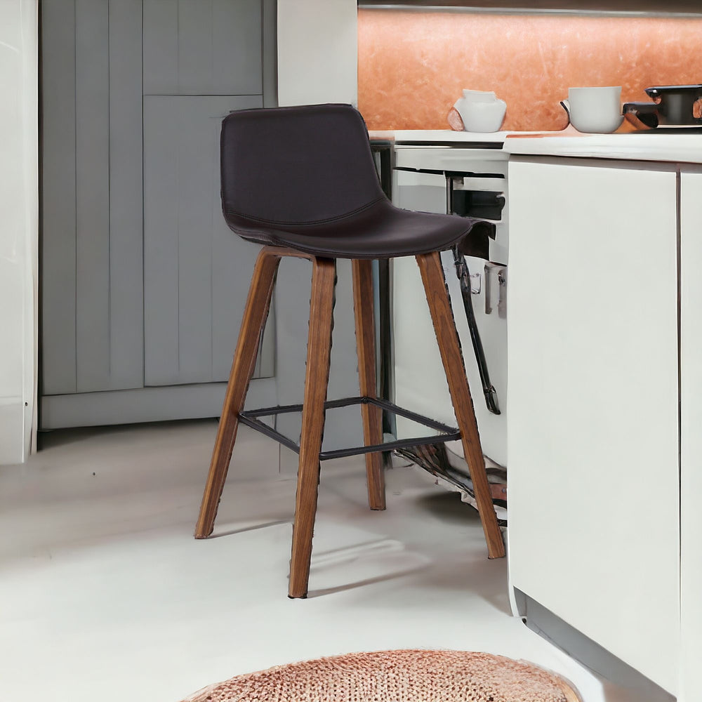 26" Brown Faux Leather And Solid Wood Low Back Counter Height Bar Chair - Homeroots