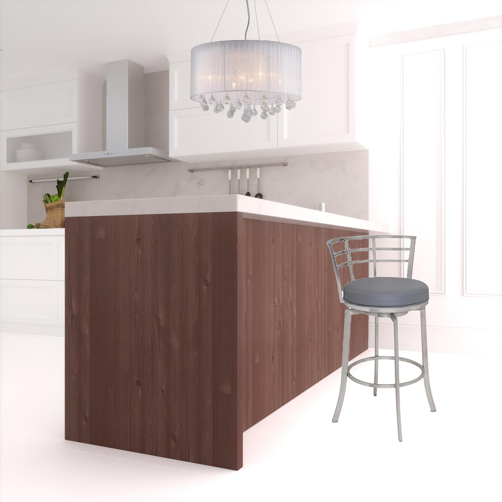 26" Gray And Silver Faux Leather And Iron Swivel Low Back Counter Height Bar Chair - Homeroots